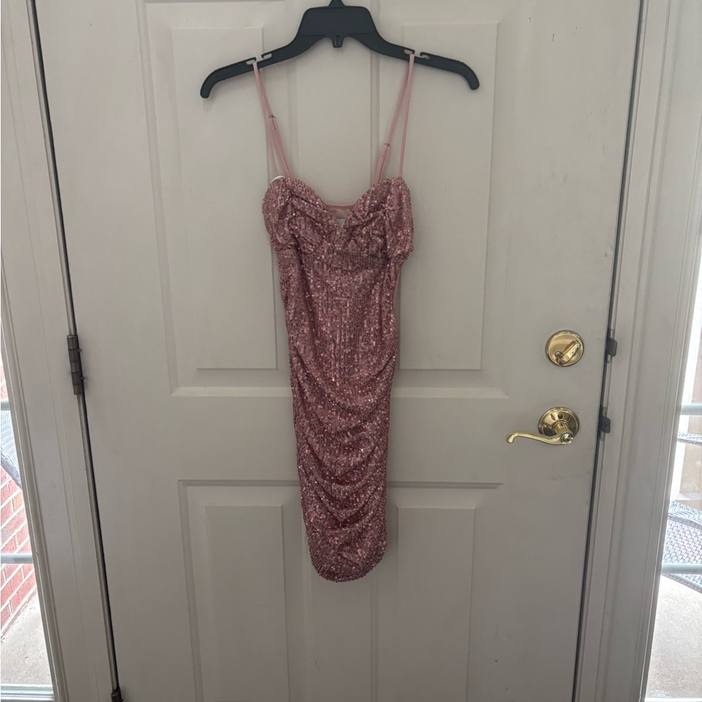 Hello Molly Pink Sequin Ruched Midi Slip Dress
